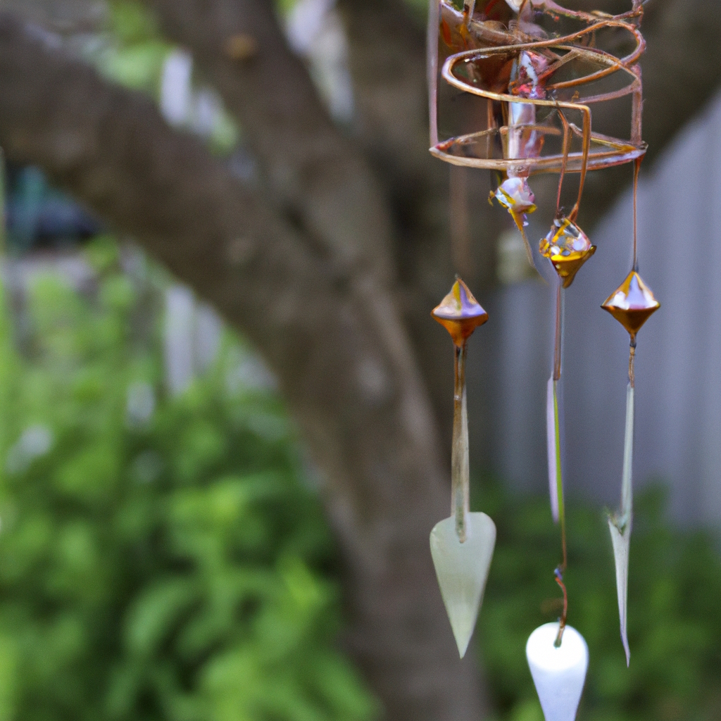 a metal wind chime hanging from a tree in the backyard
