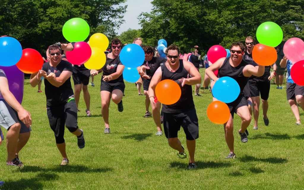 Adults in a water balloon relay race