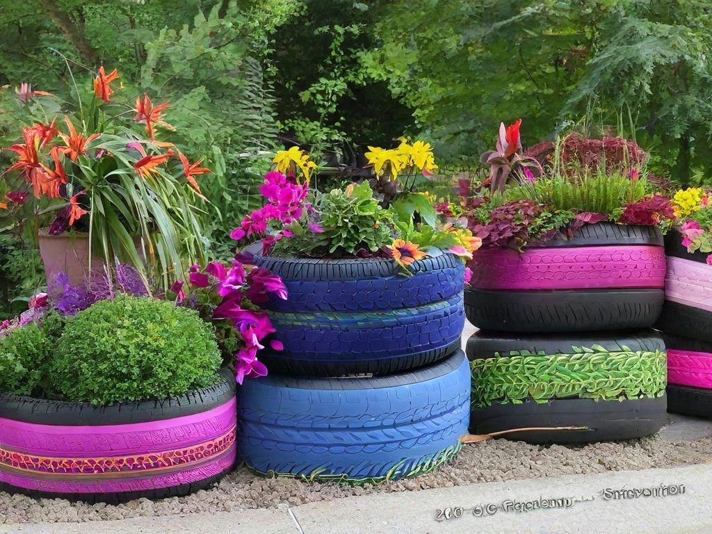 Colorful collection of tire-based planter designs