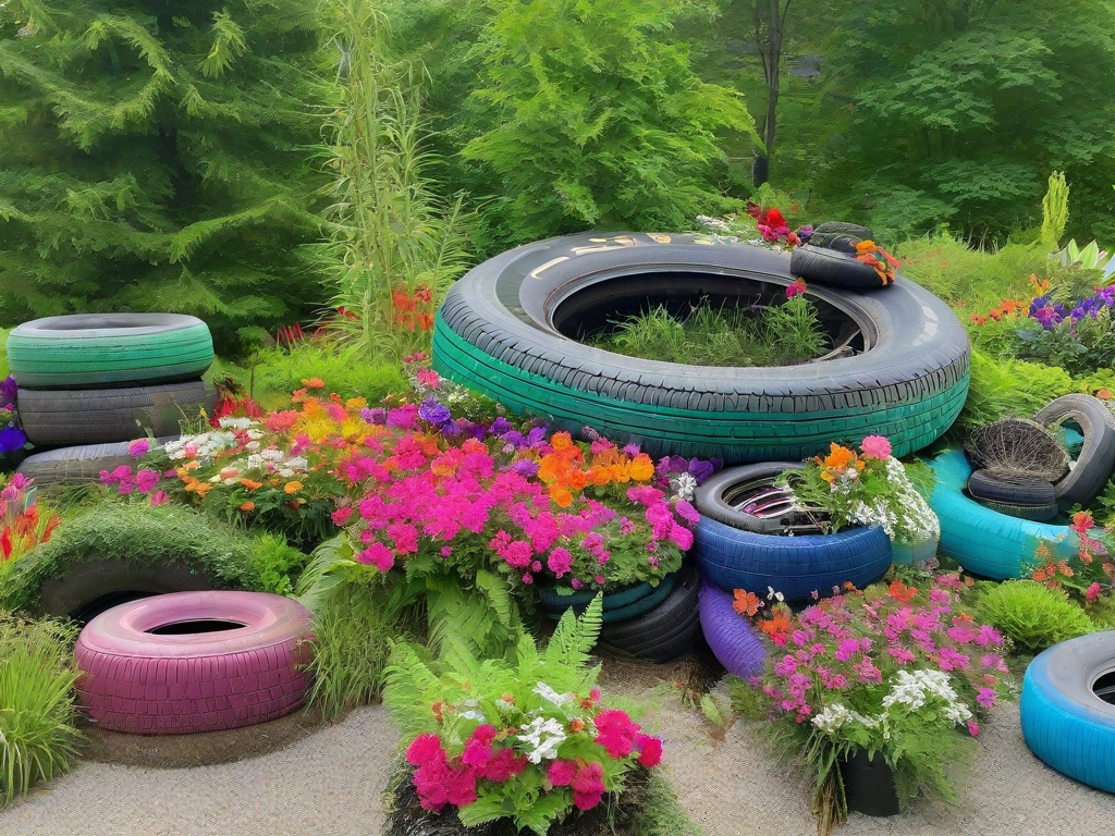 DIY tire planter layout in a backyard