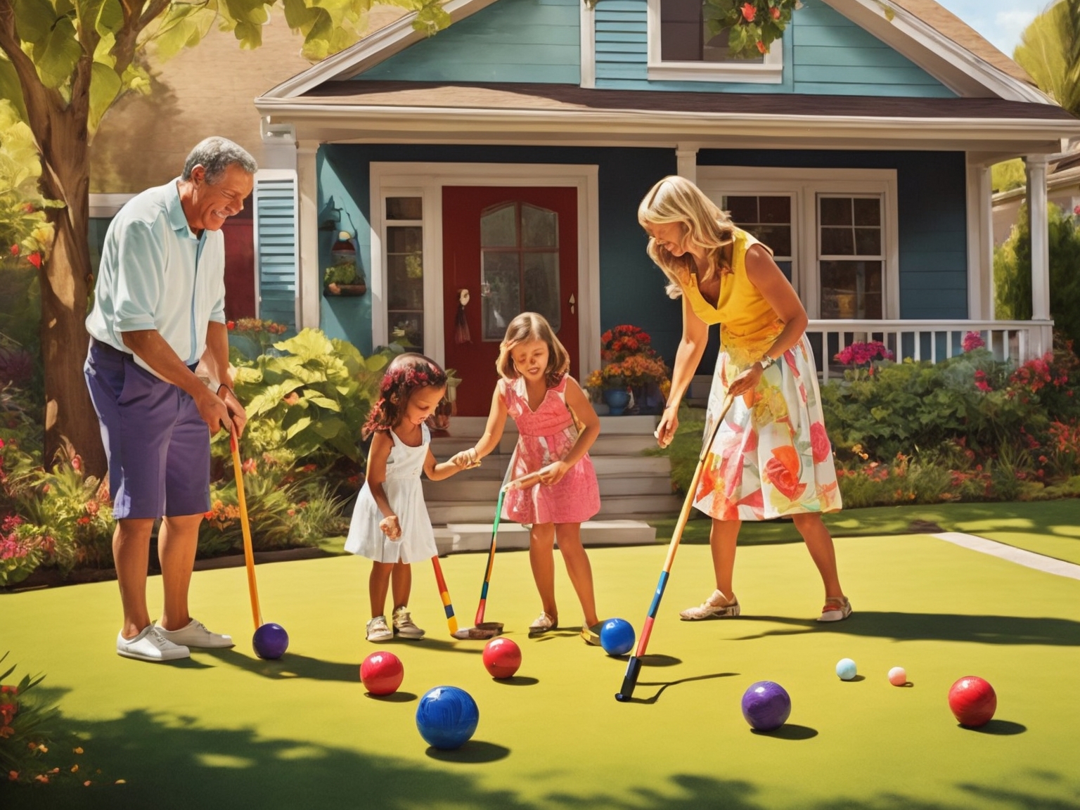 Family playing backyard games