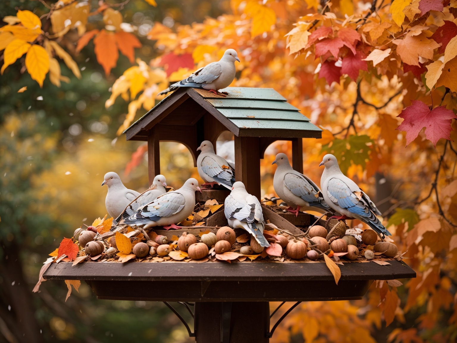 Flock of doves on a rustic bird feeder in autumn