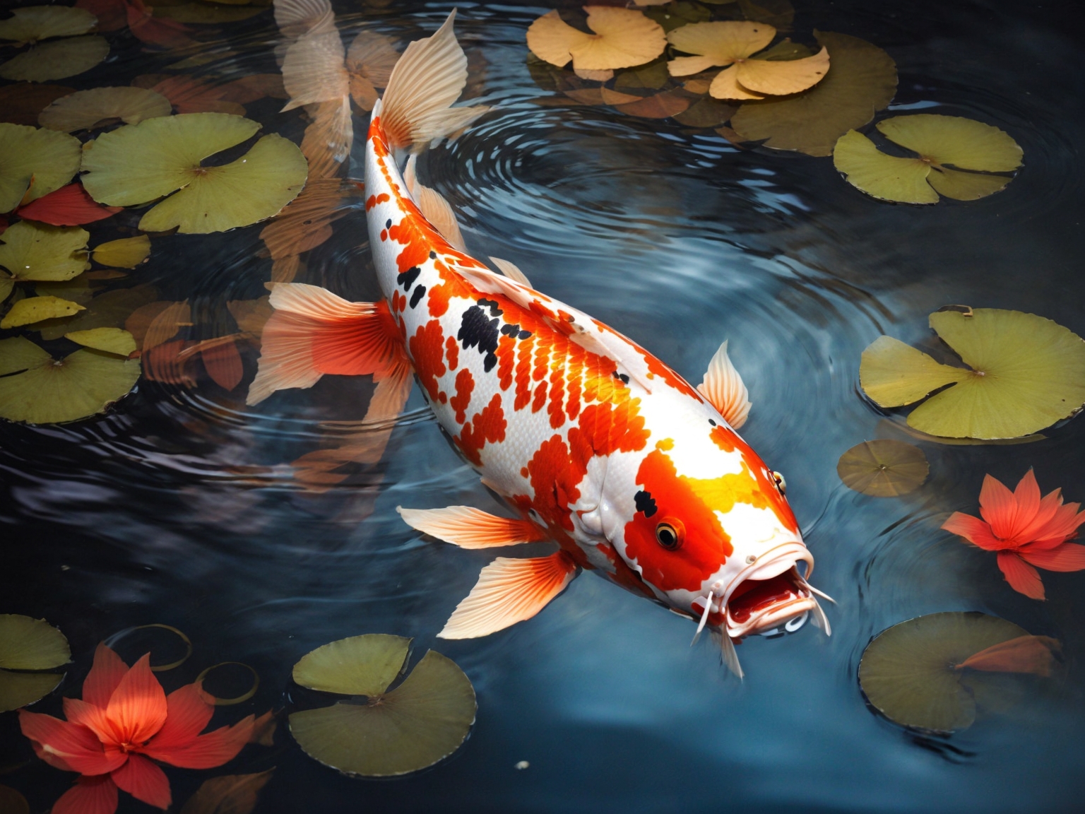 Koi feeding in a backyard pond