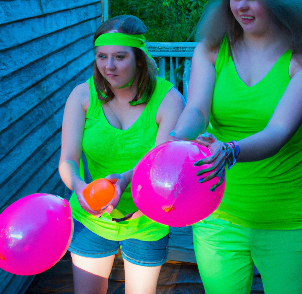 People in neon outfits abuot to play water balloons