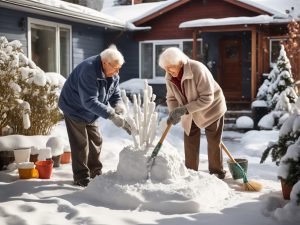 winter crafts for seniors - elderly couple outside building a snowman