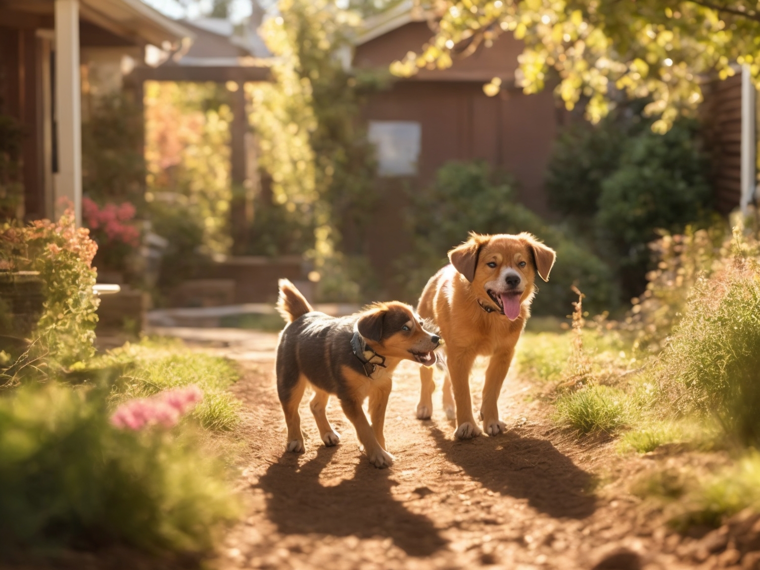 2 dogs on a backyard muddy trail
