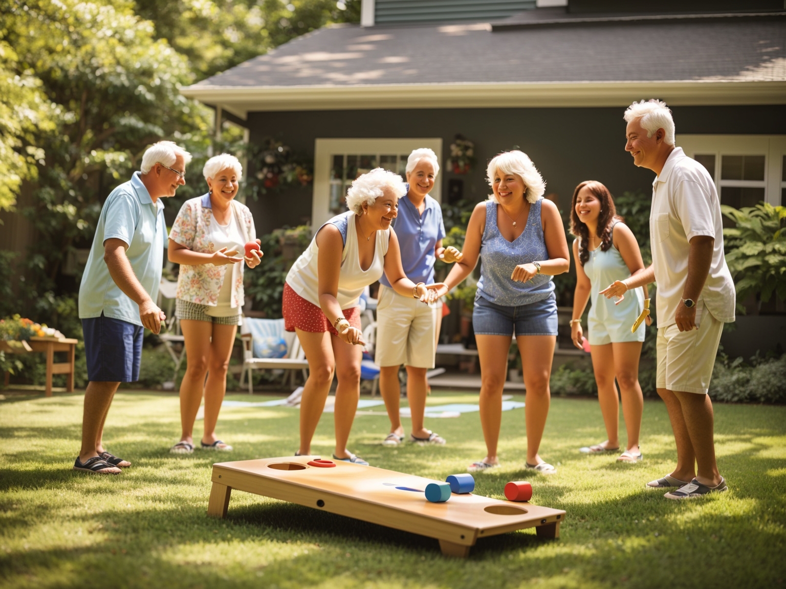 Group of older adults playing Cornhole