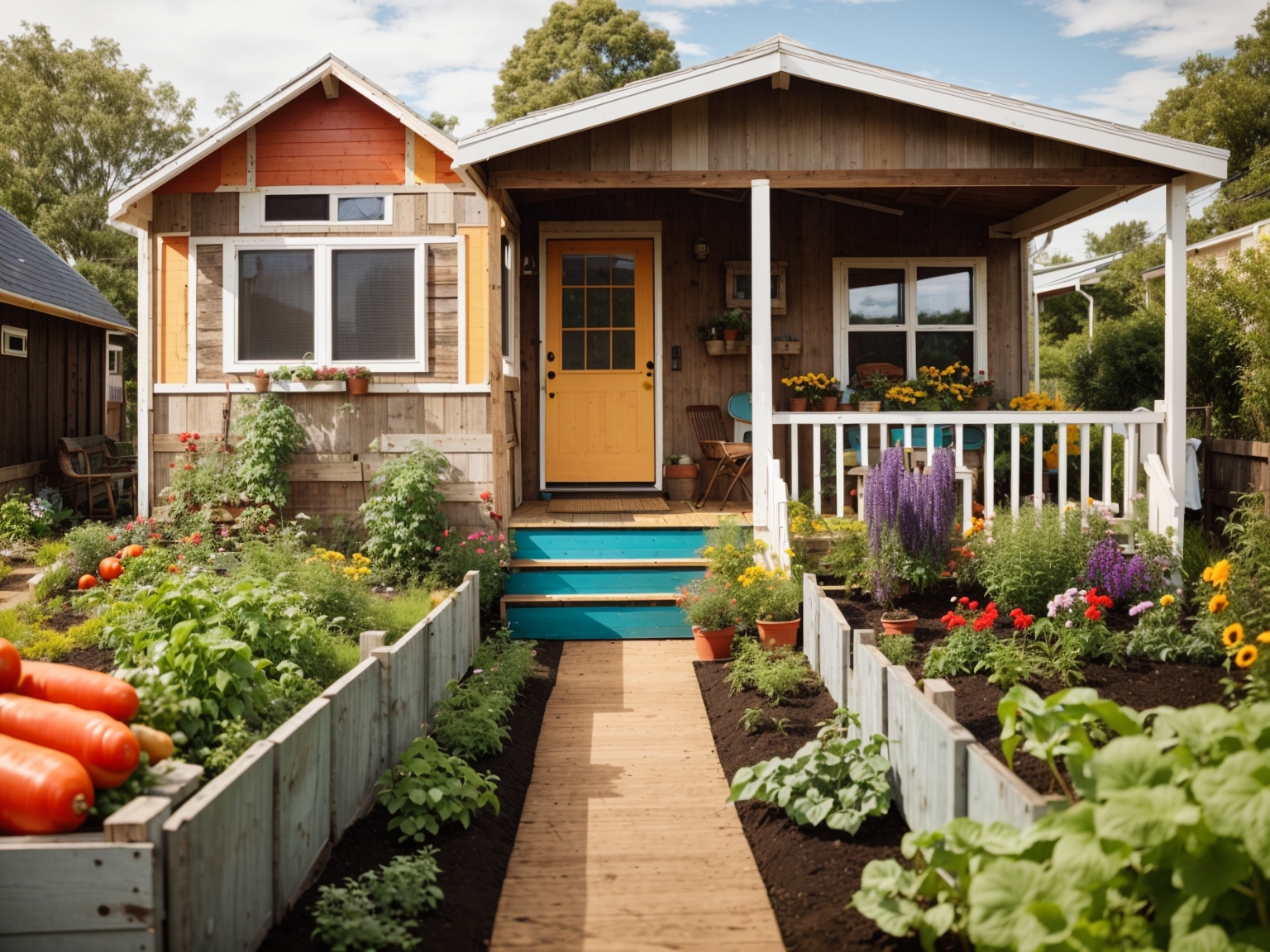 Rustic mobile home in backyard with wrap around garden