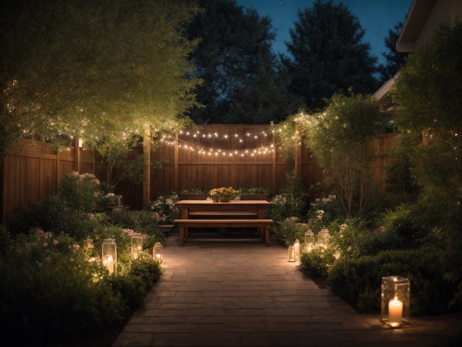a night scene of a backyard prayer garden illuminated with candles