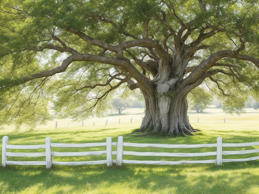 a white picket fence around and old tree