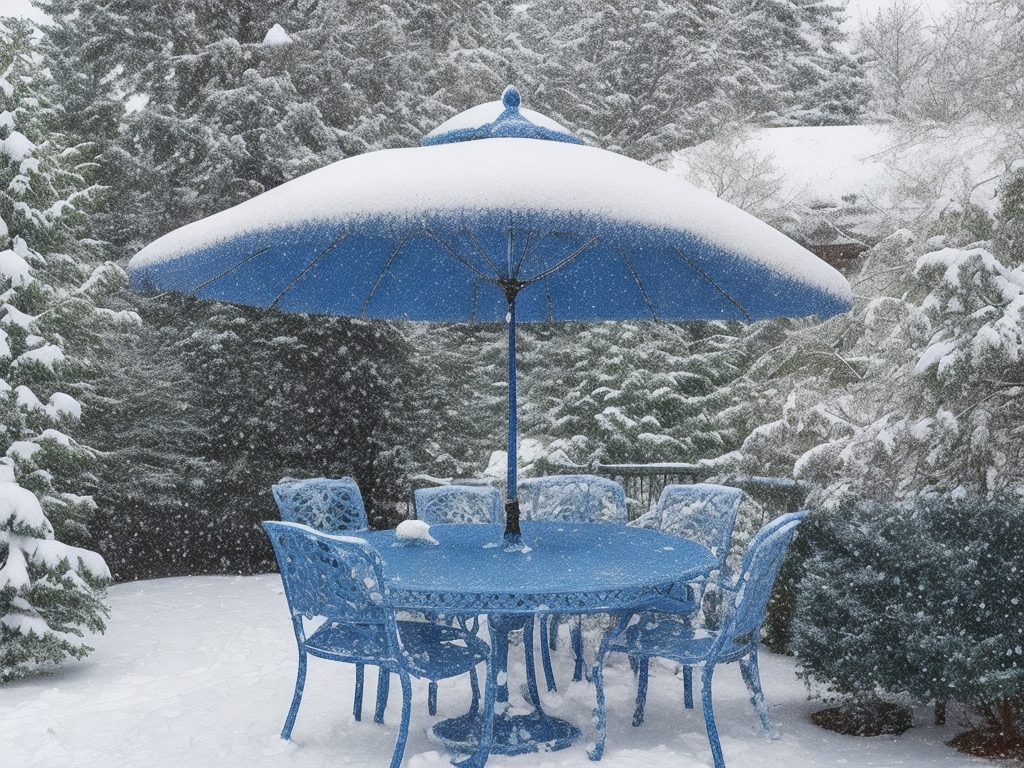 blue umbrella with patio set hit by winter