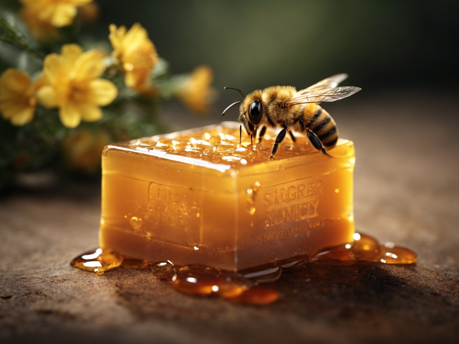 closeup of a honey bee on a sugar brick