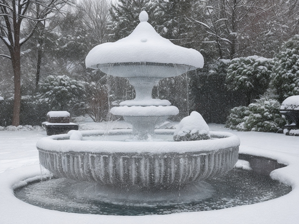 how to winterize a fountain. A snowy scene with ornate fountain