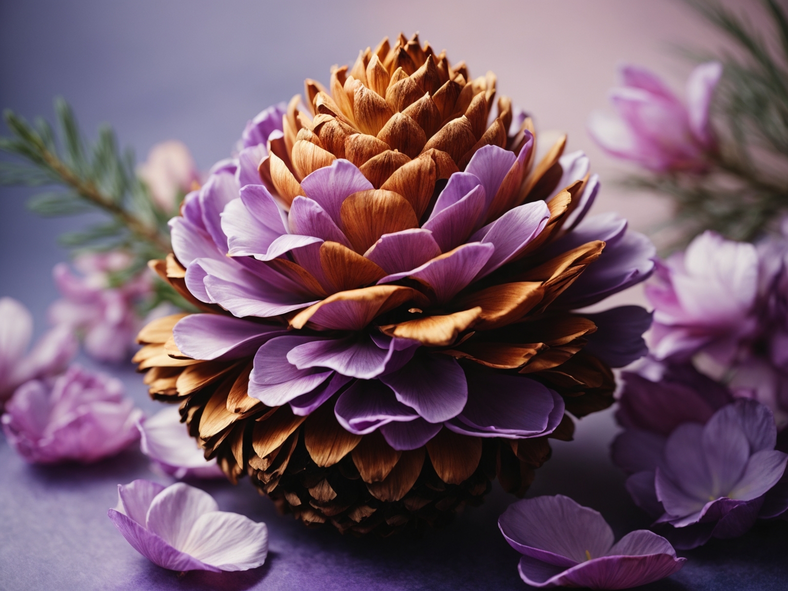 pine cones decorated as lilacs