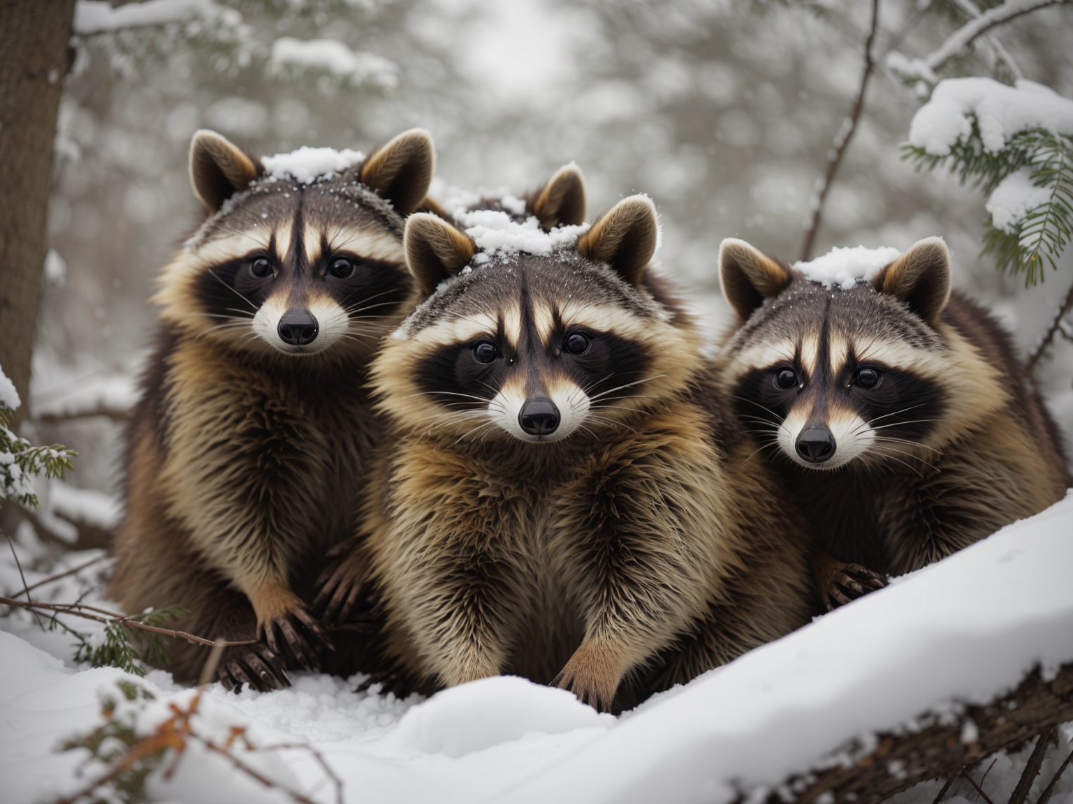 can raccoons freeze to death - a snowy scene with 3 raccoons surviving.