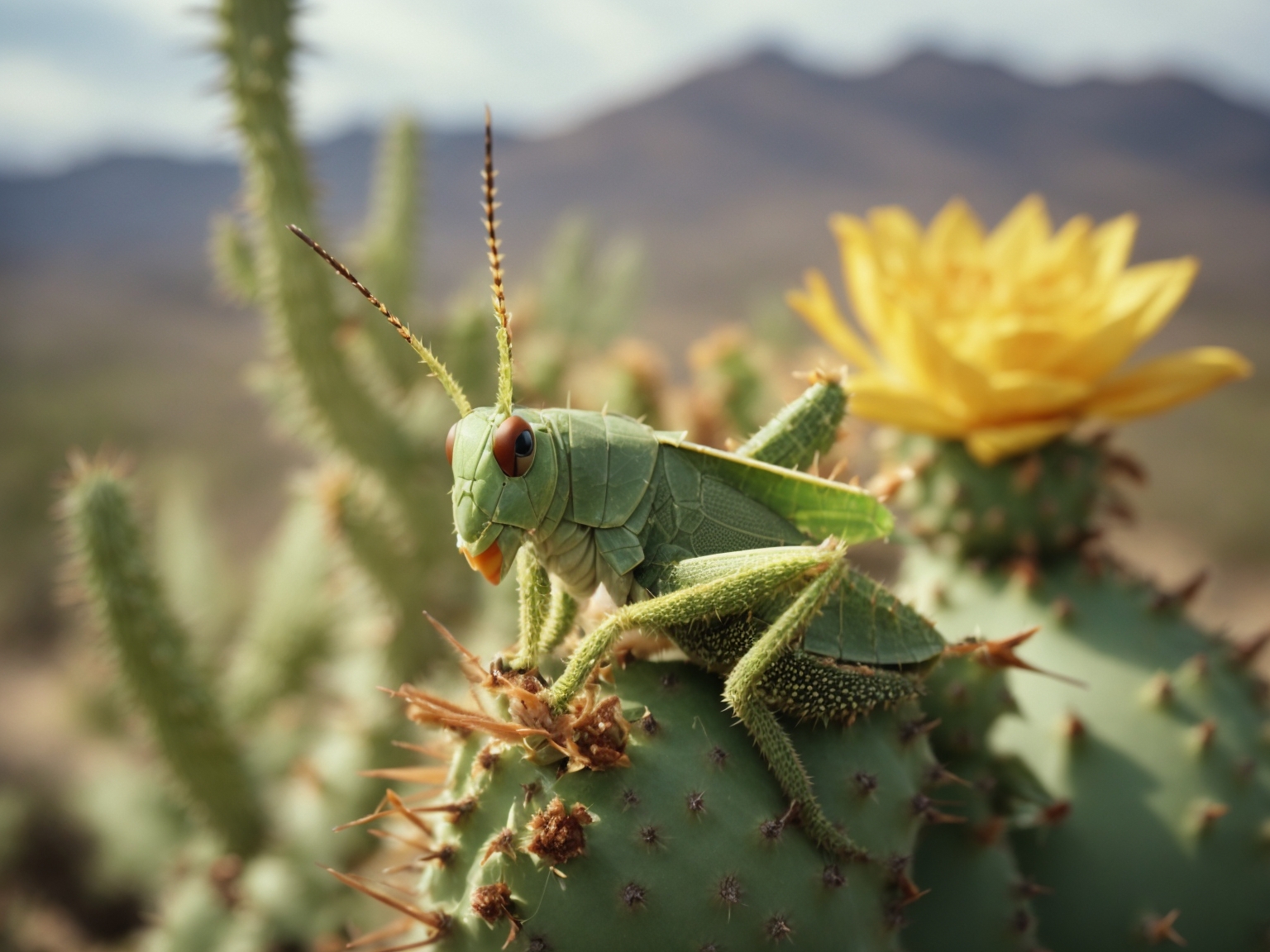 image of a lone grasshopper nibbling a cactus plant