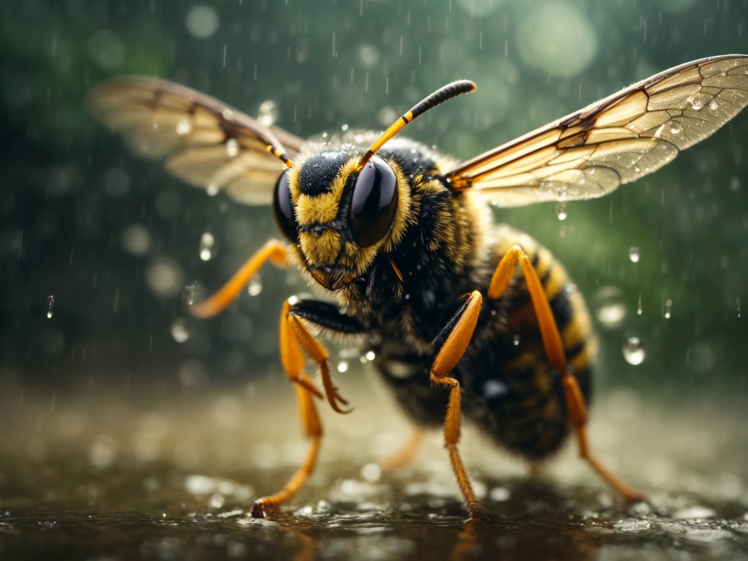 image of a wasp flying in the rain
