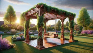 a backyard pergola with a swing and decorative greenery