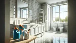 a clean bathroom with cleaning supplies on the sink counter