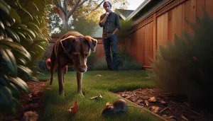 a dog and a concerned owner in a suburban backyard near a lifeless mouse