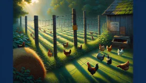 a farm scene with an electric fence and free ranging chickens