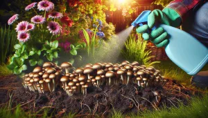 a gardener uses a spray bottle on mushrooms in a garden bed