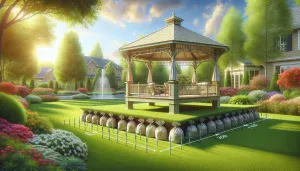 a gazebo securely placed on a grassy lawn with stabilization measures in place