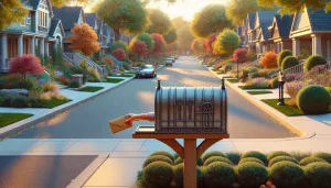 a mailbox in a suburban neighborhood with a hand interacting with it
