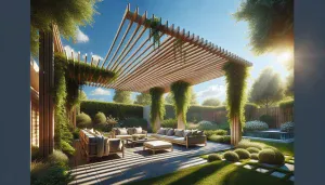 a modern wooden pergola in a sunlit backyard with lounge furniture below