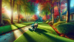 a neatly trimmed lawn with autumn trees in the background