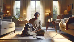 a person comforting an elderly dog in a warmly lit living room
