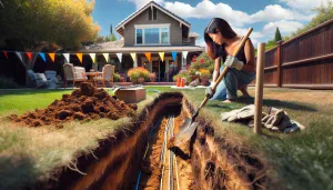 a person digging safely in a suburban backyard with safety markers
