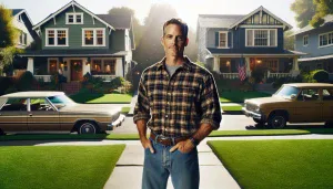 a person standing calmly in a suburban neighborhood on a sunny day