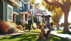 a pitbull sits on a suburban lawn with its owner nearby