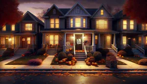 a quiet house with no decorations on an autumn evening with a polite note on the door