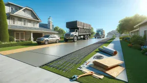 a suburban driveway with parked vehicles and reinforcement materials nearby