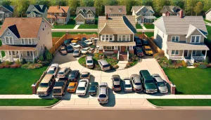 a suburban house with excessive parking of multiple vehicles spilling onto the street