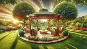 a wooden gazebo in a suburban backyard surrounded by grass and trees