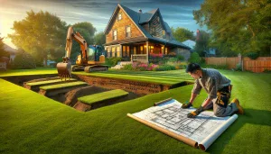 a yard undergoing professional regrading with an excavator and on site landscaper
