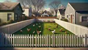 chickens roaming in a suburban backyard lawn on a sunny day